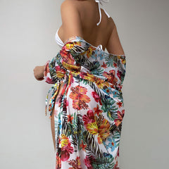 Floral Contrast High Waist Slide Triangle Brazilian Three Piece Bikini