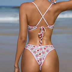 Floral Crochet Notch Trim Bralette Brazilian Two Piece Bikini