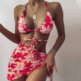 Floral Sarong Tie Dye Print Slide Triangle Brazilian Three Piece Bikini