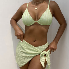 Fresh High Cut Cheeky Eyelet Rib Underwire Brazilian Three Piece Bikini