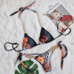 Glitter Crystal Chain Detail Slide Triangle Brazilian Three Piece Bikini