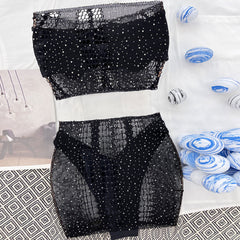 Glitter Crystal Slashed Mesh High Cut Bandeau Brazilian Four Piece Bikini