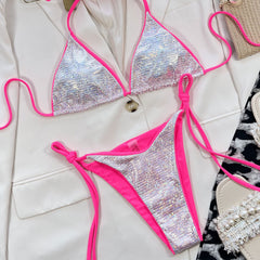Glitter Grid Halter Tie String Slide Triangle Brazilian Two Piece Bikini