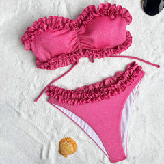 Glittering Ruffle Low Rise Cheeky Bandeau Brazilian Two Piece Bikini