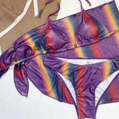 Iridescent Ribbed High Cut Wrap Triangle Brazilian Three Piece Bikini