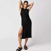 Leisure Crew Neck Crochet Open Knit High Split Sleeveless Brazilian Cover Up