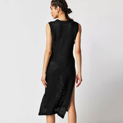 Leisure Crew Neck Crochet Open Knit High Split Sleeveless Brazilian Cover Up