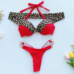 Leopard Thong O Ring Underwire Off Shoulder Brazilian Two Piece Bikini