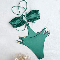 Luxe Satin O Ring Crossed Tie Cheeky Monokini Brazilian One Piece Swimsuit