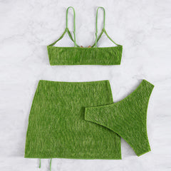 Luxury Notch Ring Velvet Shirred Brazilian Three Piece Bikini