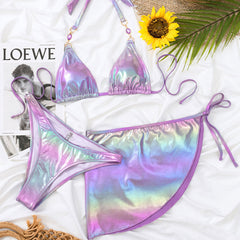 Luxury Rhinestone High Cut Halter Triangle Brazilian Three Piece Bikini