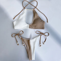 Luxury String Cheeky Beaded Cutout Textured Brazilian Two Piece Bikini