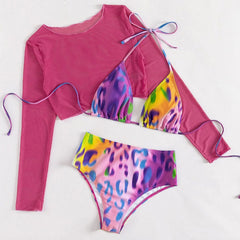 Mesh Cover Up Animal Print Slide Triangle Brazilian Three Piece Bikini