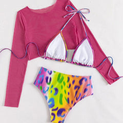 Mesh Cover Up Animal Print Slide Triangle Brazilian Three Piece Bikini