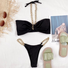 Metallic Chain Halter Bandeau Ribbed Brazilian Two Piece Bikini
