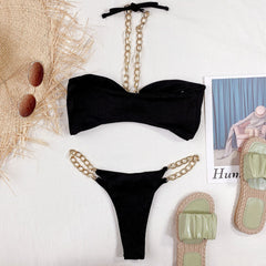 Metallic Chain Halter Bandeau Ribbed Brazilian Two Piece Bikini