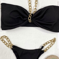 Metallic Chain Halter Bandeau Ribbed Brazilian Two Piece Bikini