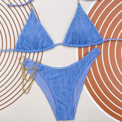 Metallic Chain High Leg Textured Slide Triangle Brazilian Two Piece Bikini
