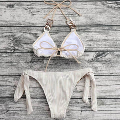 Metallic Chain Textured Halter Slide Triangle Brazilian Two Piece Bikini