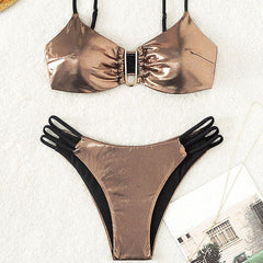 Metallic Cutout Strappy Cheeky U Wire Bralette Brazilian Two Piece Bikini