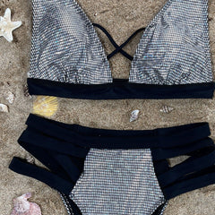 Metallic Gingham Cutout High Waist Triangle Brazilian Two Piece Bikini