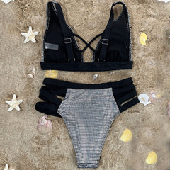 Metallic Gingham Cutout High Waist Triangle Brazilian Two Piece Bikini