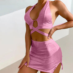 Metallic High Cut Cutout Halter Brazilian Three Piece Bikini
