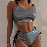 Metallic Lace Up Bralette Crop Brazilian Two Piece Bikini