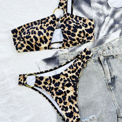 Metallic O Ring Cutout Leopard One Shoulder Brazilian Two Piece Bikini