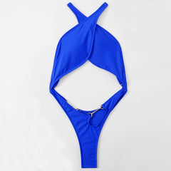 Metallic Trim High Leg Cheeky Thong Wrap Low Back Brazilian One Piece Swimsuit