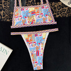 Multicolored Print Cheeky String Side Boob Bralette Brazilian Two Piece Bikini
