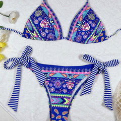 Nautical Floral Tie Side Cheeky Slide Triangle Brazilian Two Piece Bikini