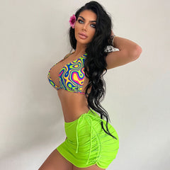Neon Green Skirt Swirl Print High Cut Triangle Brazilian Three Piece Bikini