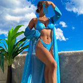 Ocean Blue Wave Print Cover Up Tie String Triangle Brazilian Three Piece Bikini