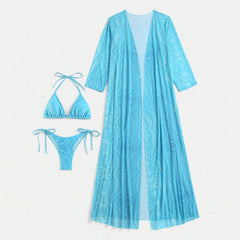 Ocean Blue Wave Print Cover Up Tie String Triangle Brazilian Three Piece Bikini