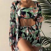 Palm Print High Waist Boy Short Brazilian Four Piece Bikini