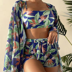 Palm Print High Waist Boy Short Brazilian Four Piece Bikini