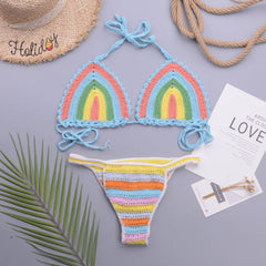 Rainbow Style Crochet Halter Slide Triangle Brazilian Two Piece Bikini