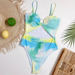Refresh Tie Dye Ruched O Ring Cutout Brazilian One Piece Swimsuit