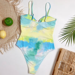 Refresh Tie Dye Ruched O Ring Cutout Brazilian One Piece Swimsuit