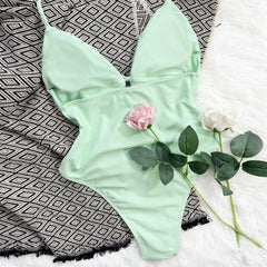 Refreshing High Cut Cutout Tie String Halter Brazilian One Piece Swimsuit