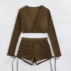 Retro High Rise Boyshort Long Sleeve Crop Textured Brazilian Two Piece Bikini