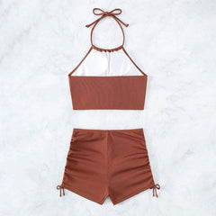 Retro Rib Knit Drawstring High Rise Boyshort Crop Brazilian Two Piece Bikini