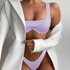 Ribbed High Cut Underwire Bralette Brazilian Two Piece Bikini