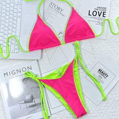 Contrast Neon Tie String Cheeky Slide Triangle Brazilian Two Piece Bikini