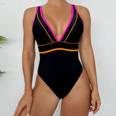 Contrast Piping Moderate Coverage Deep V Brazilian One Piece Swimsuit
