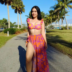 Contrast Rope Print High Waist Ruffle Underwire Brazilian Two Piece Bikini