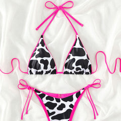 Contrast Tie String Cheeky Cow Print Triangle Brazilian Two Piece Bikini