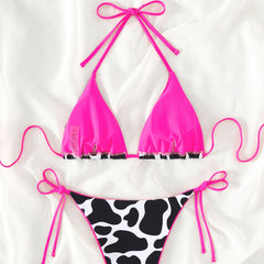 Contrast Tie String Cheeky Cow Print Triangle Brazilian Two Piece Bikini