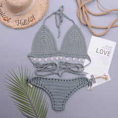 Crochet Knit Shell Trim Halter Triangle Brazilian Two Piece Bikini
